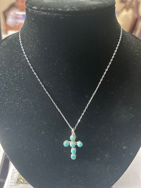 Sterling Silver Cross Turquoise Necklace 14"