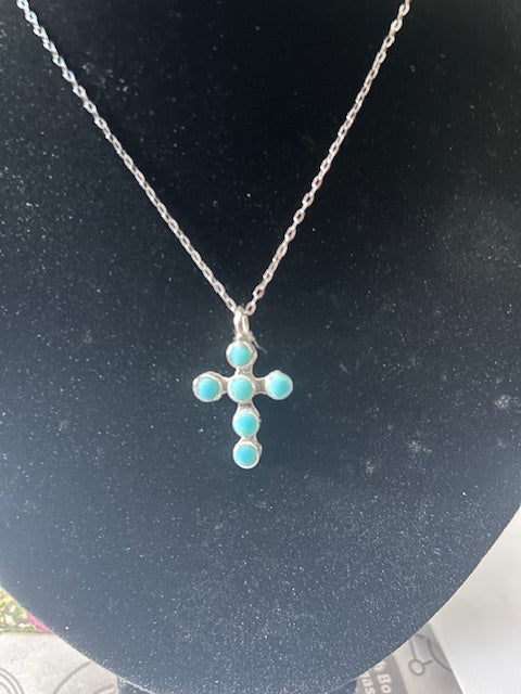 Sterling Silver Cross Turquoise Necklace 14"