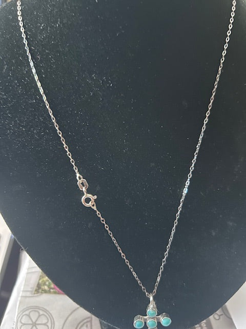 Sterling Silver Cross Turquoise Necklace 14"