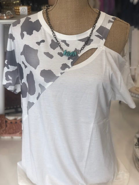 Cold Shoulder Cow Print Tee