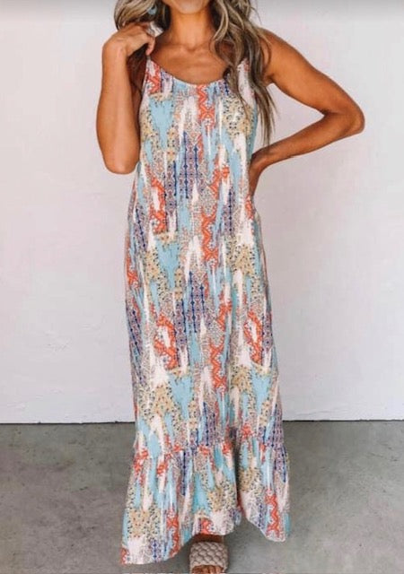 Western Pattern Print Spaghetti Strap Maxi Dress