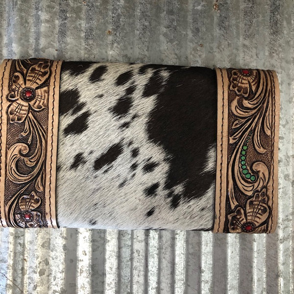 Leather Tooled Cowhide Large Wallet