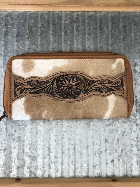Tan Leather Tooled Hair on hide Wallet