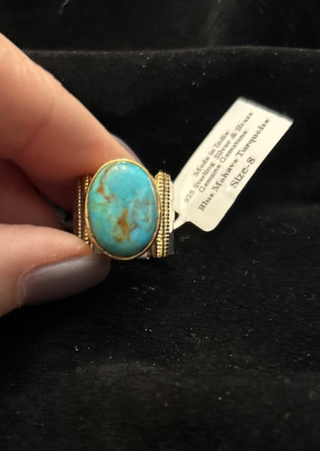 Sterling Silver & Brass sz 8 Blue Mohave Turquoise Ring