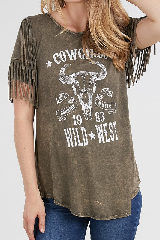 COWGIRLS MINERAL WASH FRINGE GRAPHIC PRINT TOP