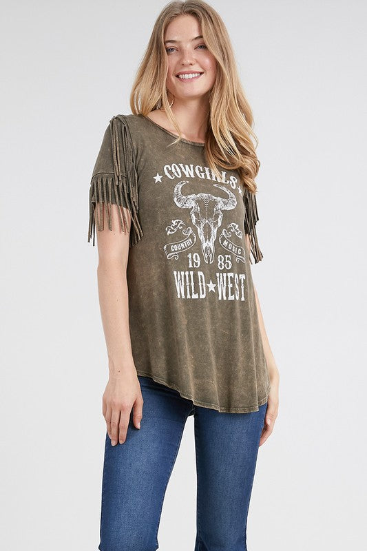 COWGIRLS MINERAL WASH FRINGE GRAPHIC PRINT TOP