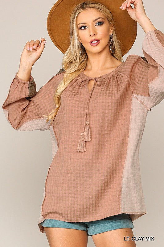 Textured Color Clay Peasant Long Sleeve Top
