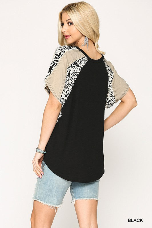 Animal & Solid Mixed Print Front Tie Top