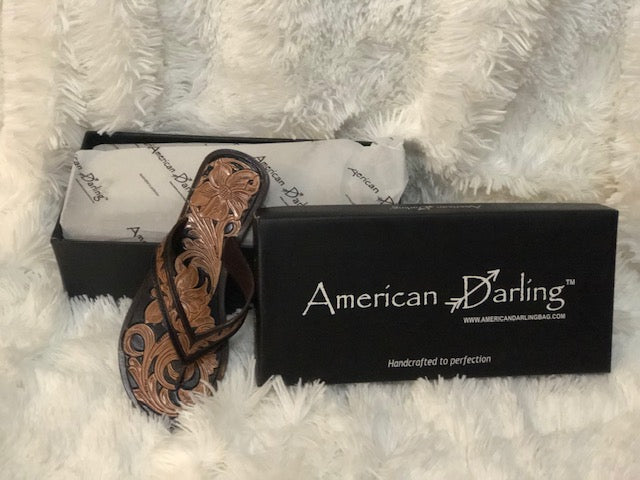 American Darling Leather Tooled Flip Flops