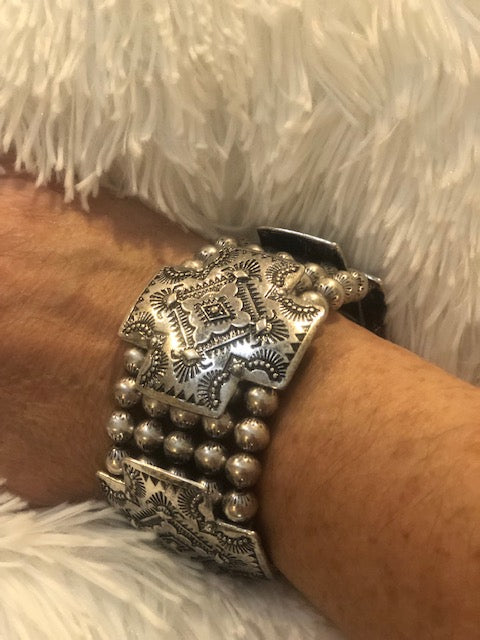 Silver Cross Concho Navajo Pearl Beaded Bracelet