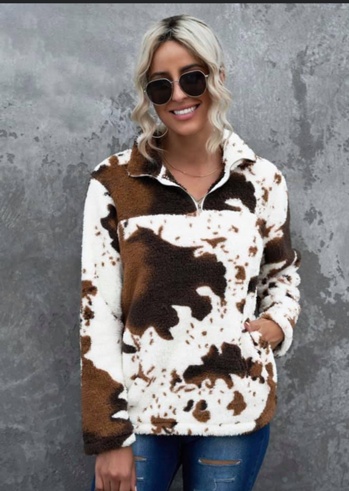 Cow Print Sherpa Zipper Pullover