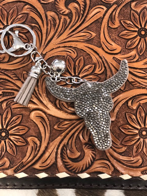 Silver Grey Steer Keychain with Tassel