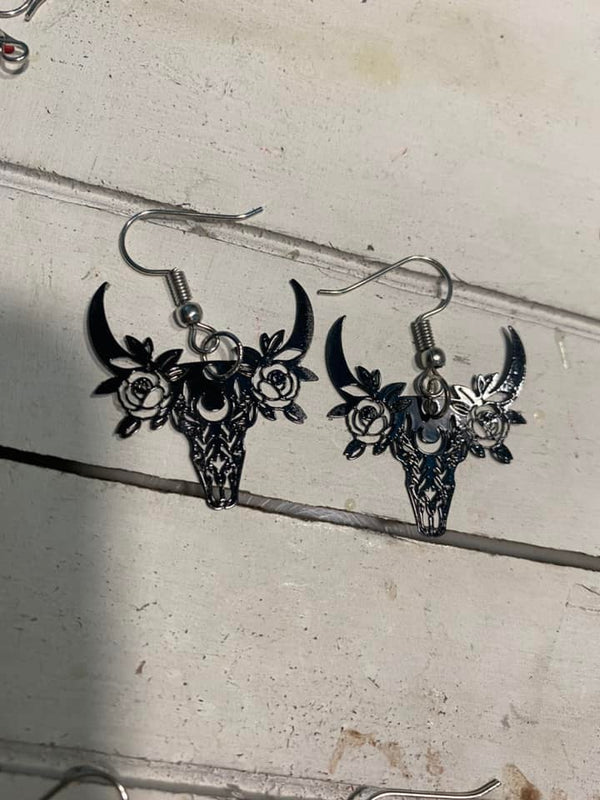 Cow Skull Silver Earrings