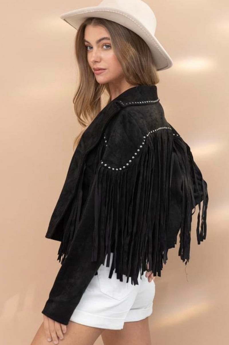 Black Suede Studded Mini Crop Fringe Western Jacket