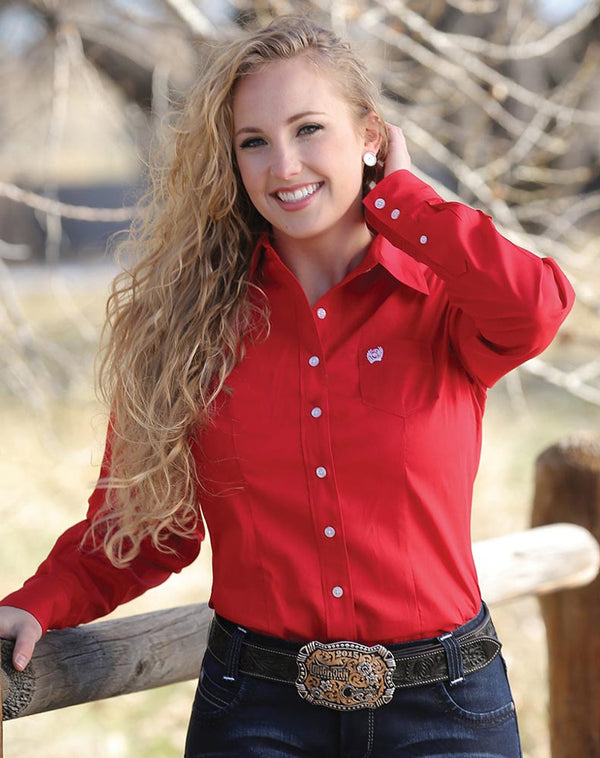 Cinch Women's Long Sleeve Solid Button Down Shirt - Red