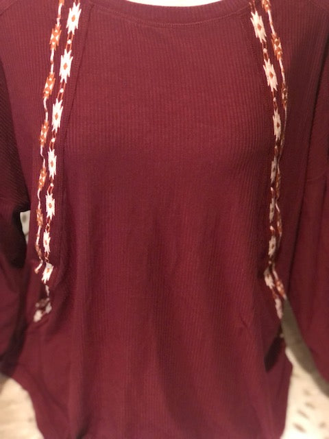 Cruel Girl burgundy long-sleeve Embroidered Top