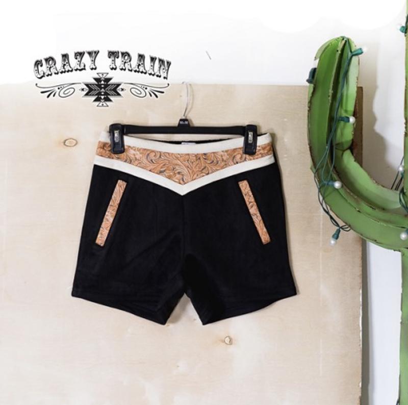 Crazy Train Black Velvet Tooled Leather "Look" Whistle Britches Shorts