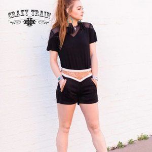 Crazy Train Black Velvet Tooled Leather "Look" Whistle Britches Shorts
