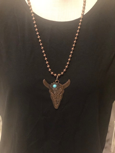 Copper Steer Head Necklace Turquoise