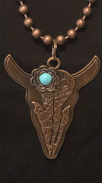 Copper Steer Head Necklace Turquoise