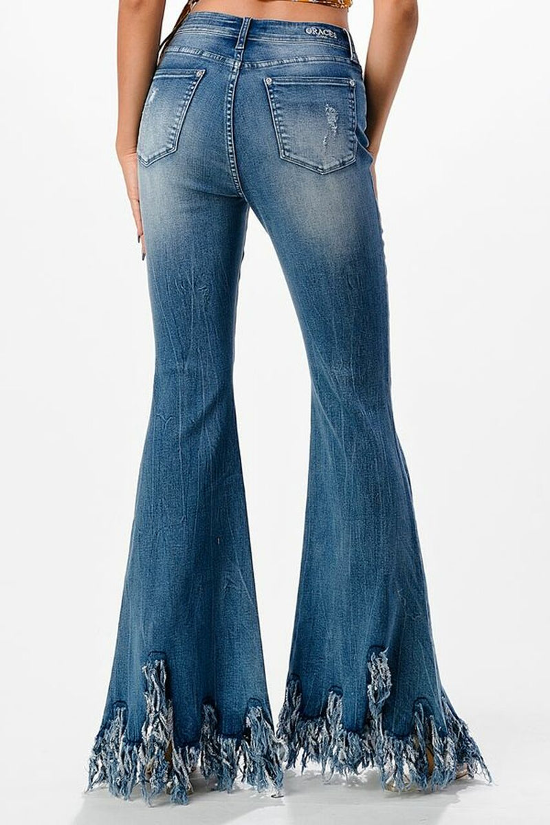 Grace In La Women's High Rise Frayed Flare Distressed Jeans